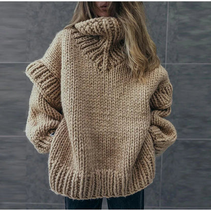 Women's Oversized Chunky Knit Turtleneck Sweater — Relaxed Fit in Brown