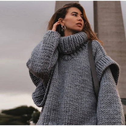 Women's Oversized Chunky Knit Turtleneck Sweater — Relaxed Fit in Grey