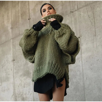Women's Oversized Chunky Knit Turtleneck Sweater — Relaxed Fit in Olive Green