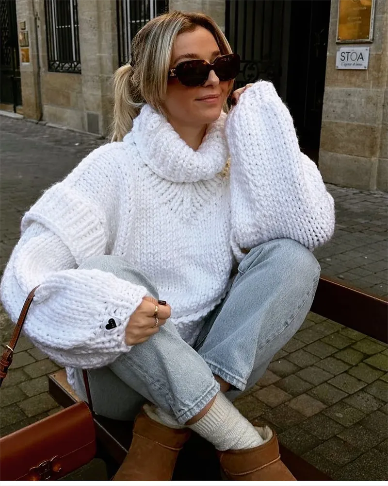 Women's Oversized Chunky Knit Turtleneck Sweater — Relaxed Fit in White