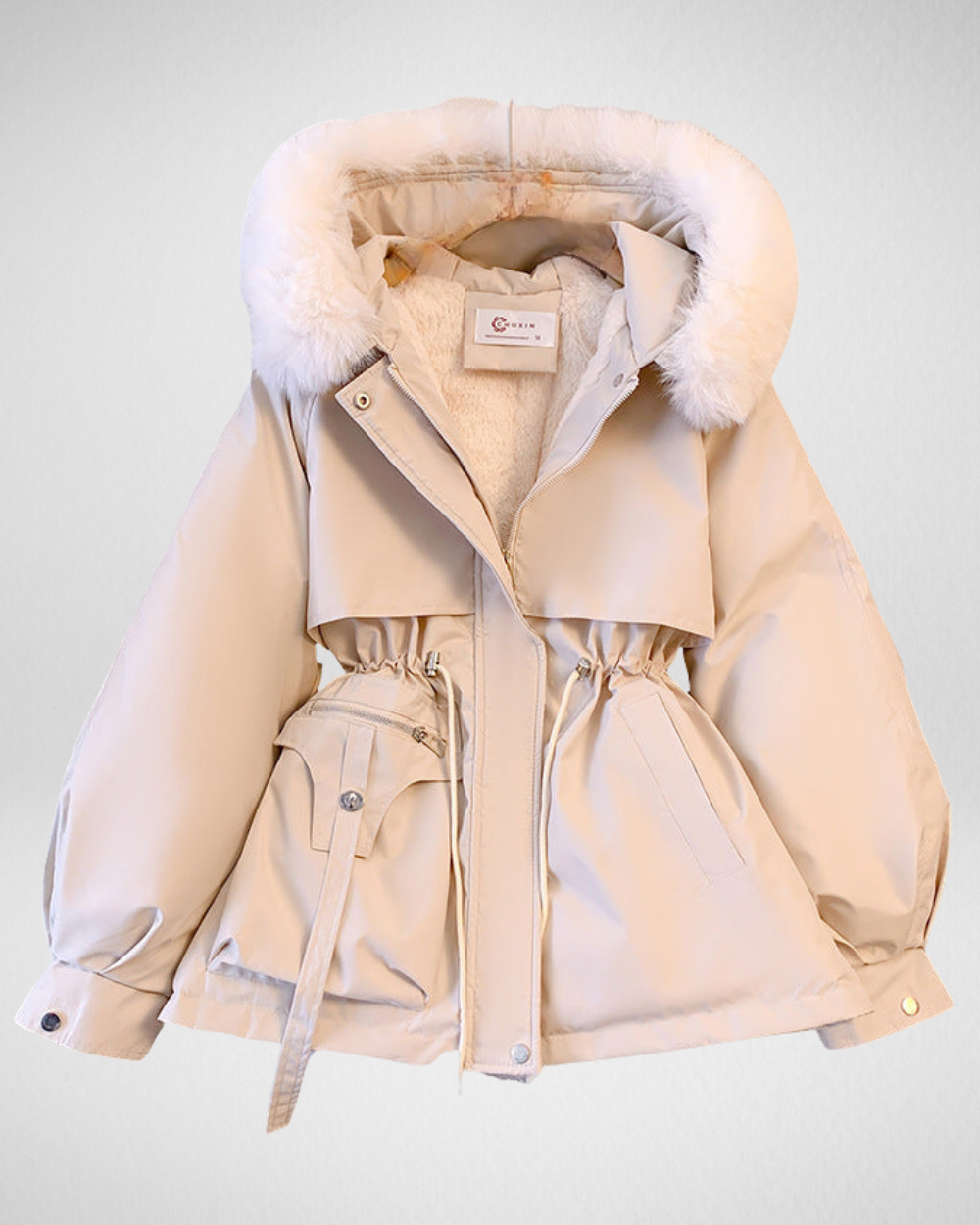 Women's Padded Winter Parka — Detachable Fur Collar & Waist Belt in Beige