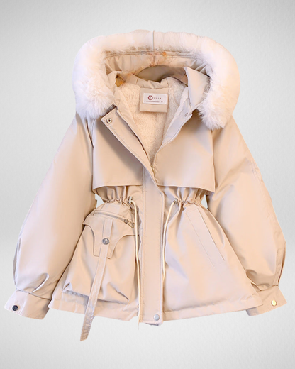 Women's Padded Winter Parka — Detachable Fur Collar & Waist Belt in Beige