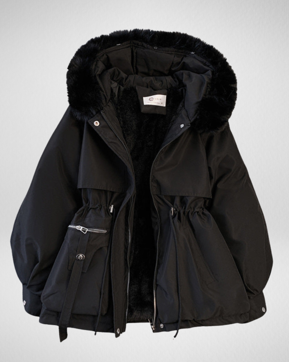 Women's Padded Winter Parka — Detachable Fur Collar & Waist Belt in Black