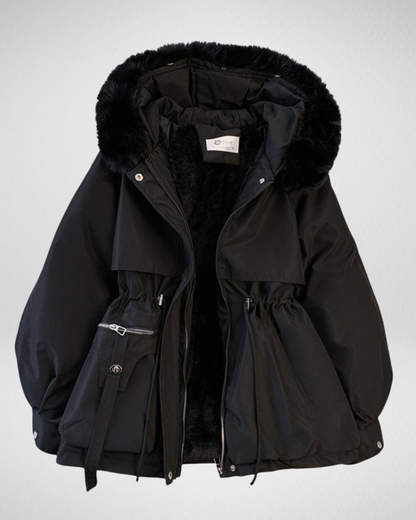 Women's Padded Winter Parka — Detachable Fur Collar & Waist Belt in Black