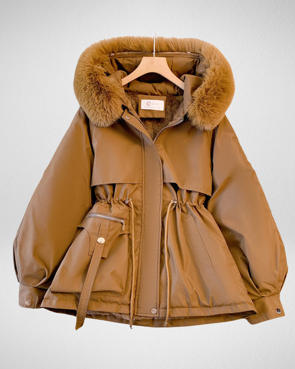 Women's Padded Winter Parka — Detachable Fur Collar & Waist Belt in Brown