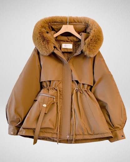 Women's Padded Winter Parka — Detachable Fur Collar & Waist Belt in Brown