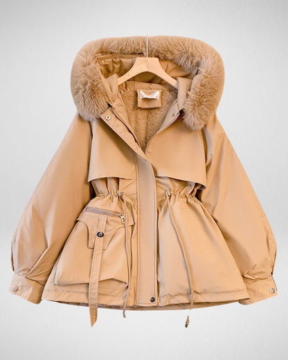 Women's Padded Winter Parka — Detachable Fur Collar & Waist Belt in Khaki