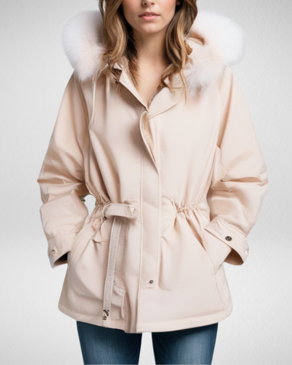 Women's Padded Winter Parka — Detachable Fur Collar & Waist Belt — view 1