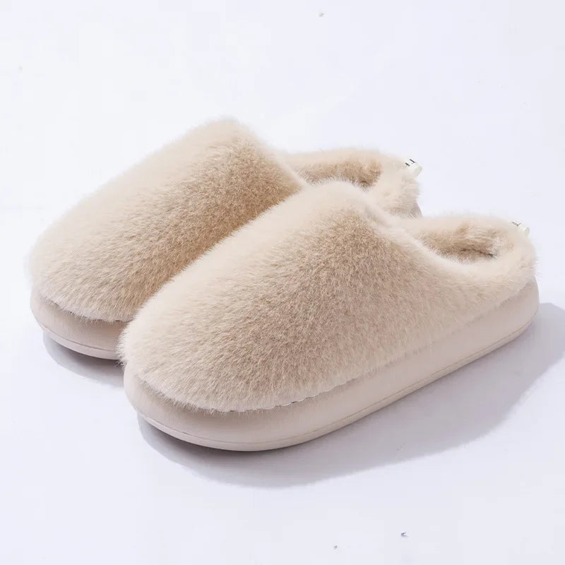 Women's Plush Faux Fur Slippers — Closed Toe Cushioned House Shoes in Beige