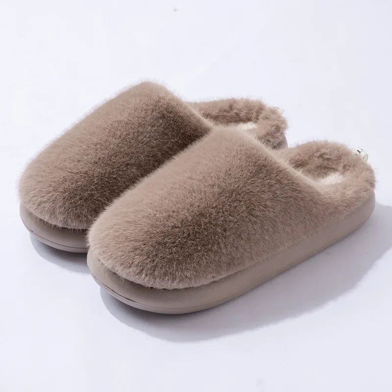 Women's Plush Faux Fur Slippers — Closed Toe Cushioned House Shoes in Brown