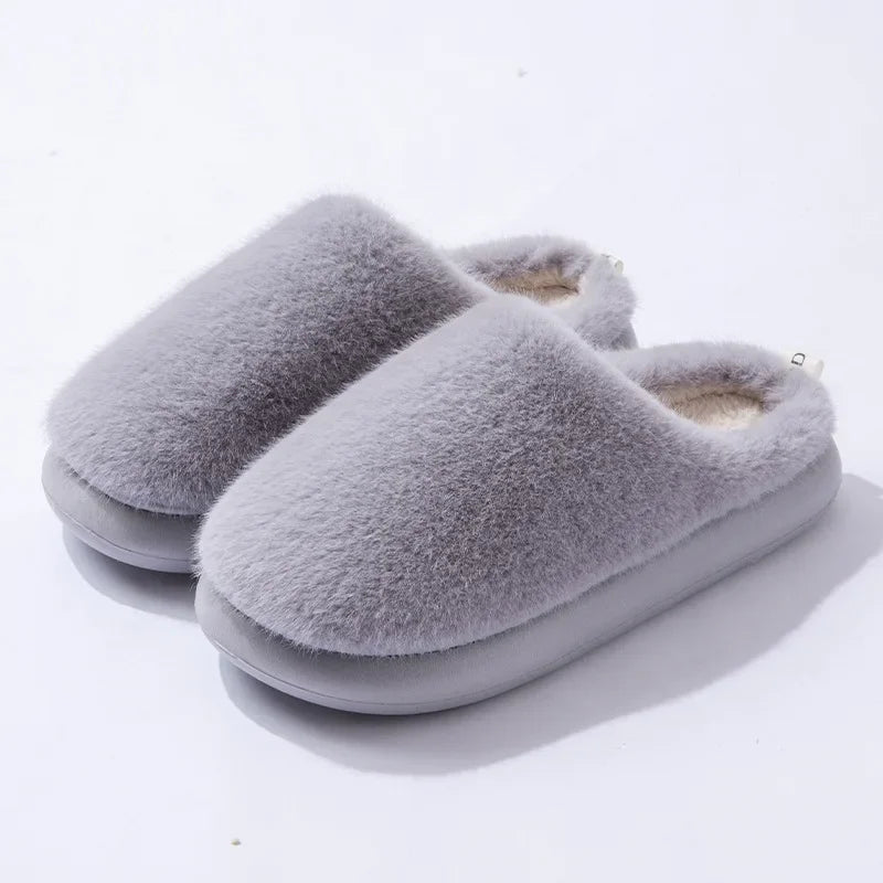 Women's Plush Faux Fur Slippers — Closed Toe Cushioned House Shoes in Grey