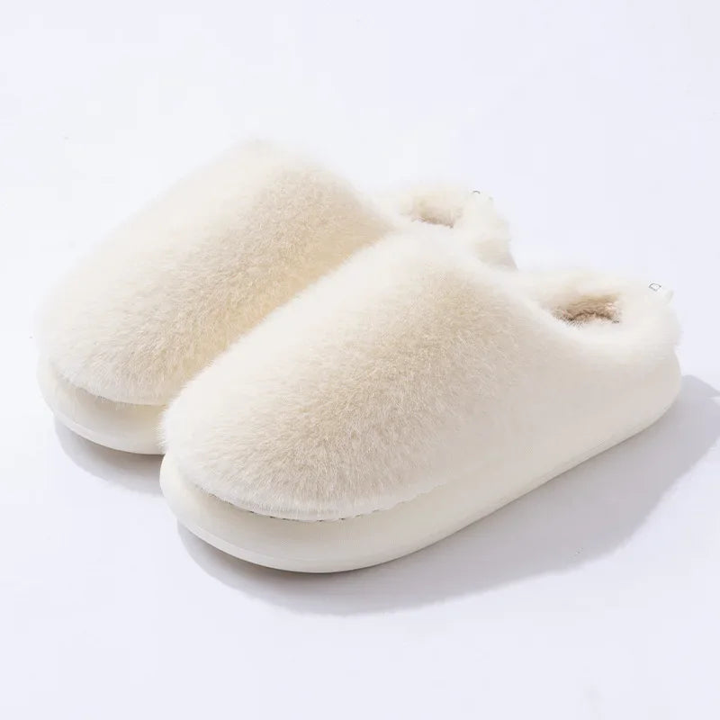 Women's Plush Faux Fur Slippers — Closed Toe Cushioned House Shoes in White