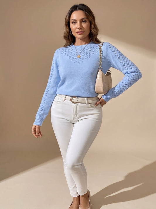 Women's Pointelle-Knit Cropped Long Sleeve Crew Neck Sweater 1
