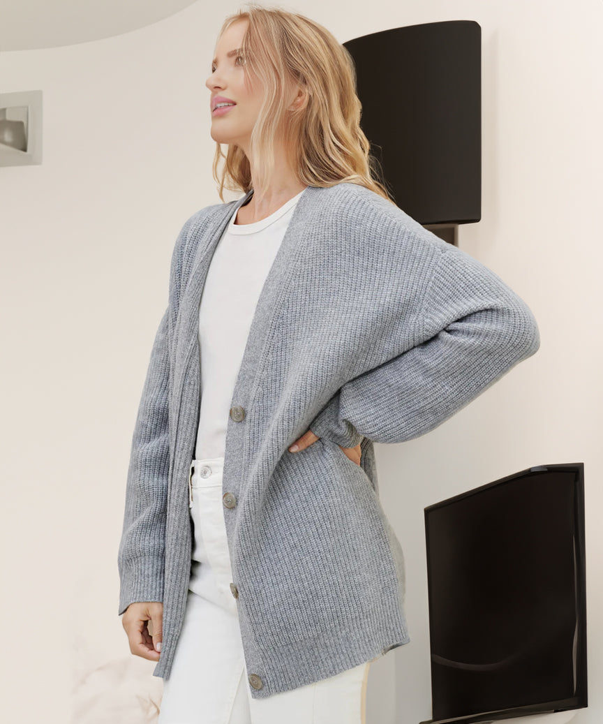 Women's Oversized Ribbed Knit Cardigan — V Neck Button Front 7