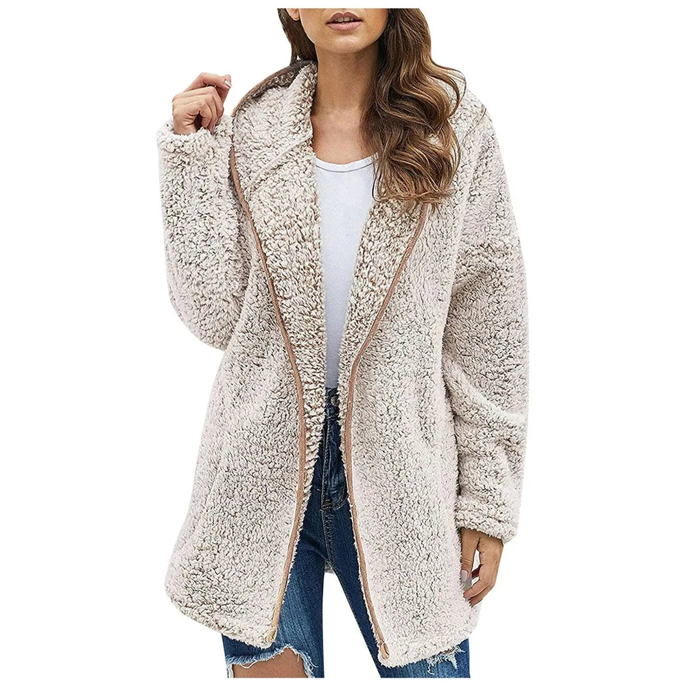 Women's Sherpa Hooded Jacket — Plush Fleece Open Front Coat in Apricot