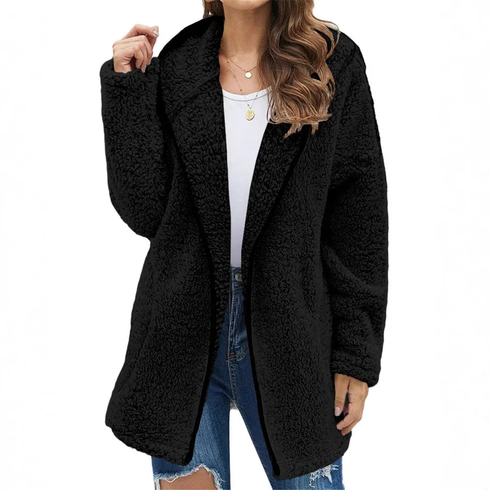 Women's Sherpa Hooded Jacket — Plush Fleece Open Front Coat in Black