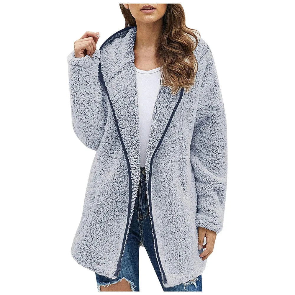 Women's Sherpa Hooded Jacket — Plush Fleece Open Front Coat in Blue