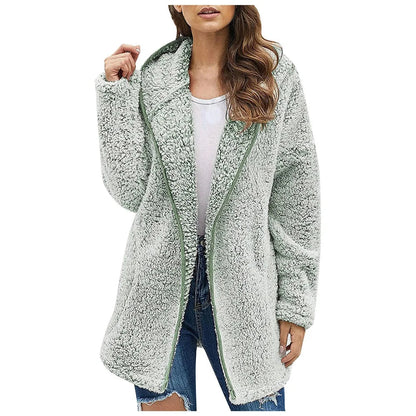Women's Sherpa Hooded Jacket — Plush Fleece Open Front Coat in Green