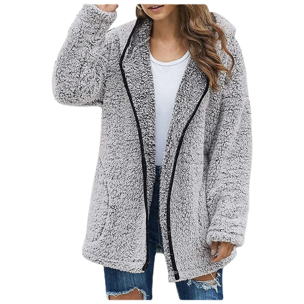 Women's Sherpa Hooded Jacket — Plush Fleece Open Front Coat in Grey