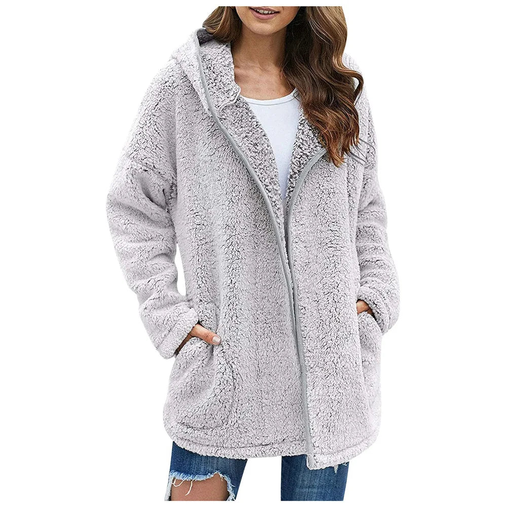 Women's Sherpa Hooded Jacket — Plush Fleece Open Front Coat in Light Grey