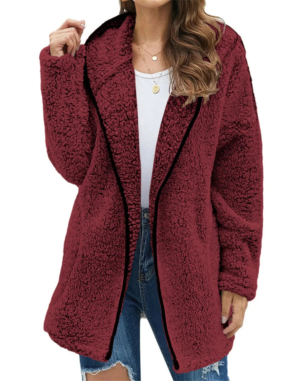 Women's Sherpa Hooded Jacket — Plush Fleece Open Front Coat in Red