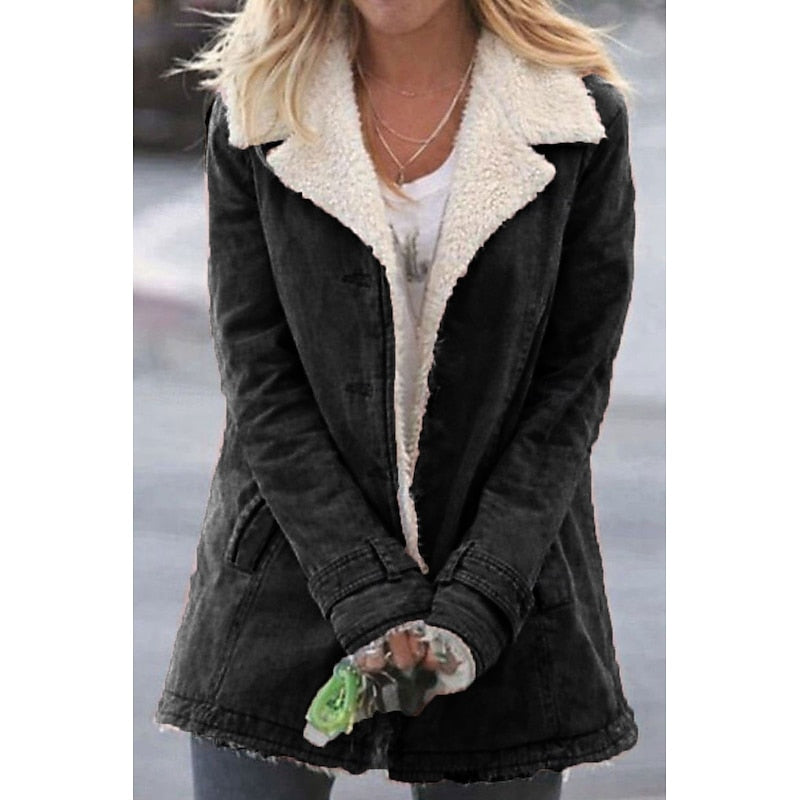 Women's Sherpa-Lined Tailored Coat — Turndown Collar & Front Pockets in Black