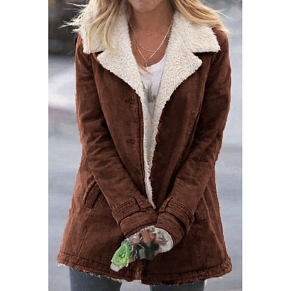 Women's Sherpa-Lined Tailored Coat — Turndown Collar & Front Pockets in Brown