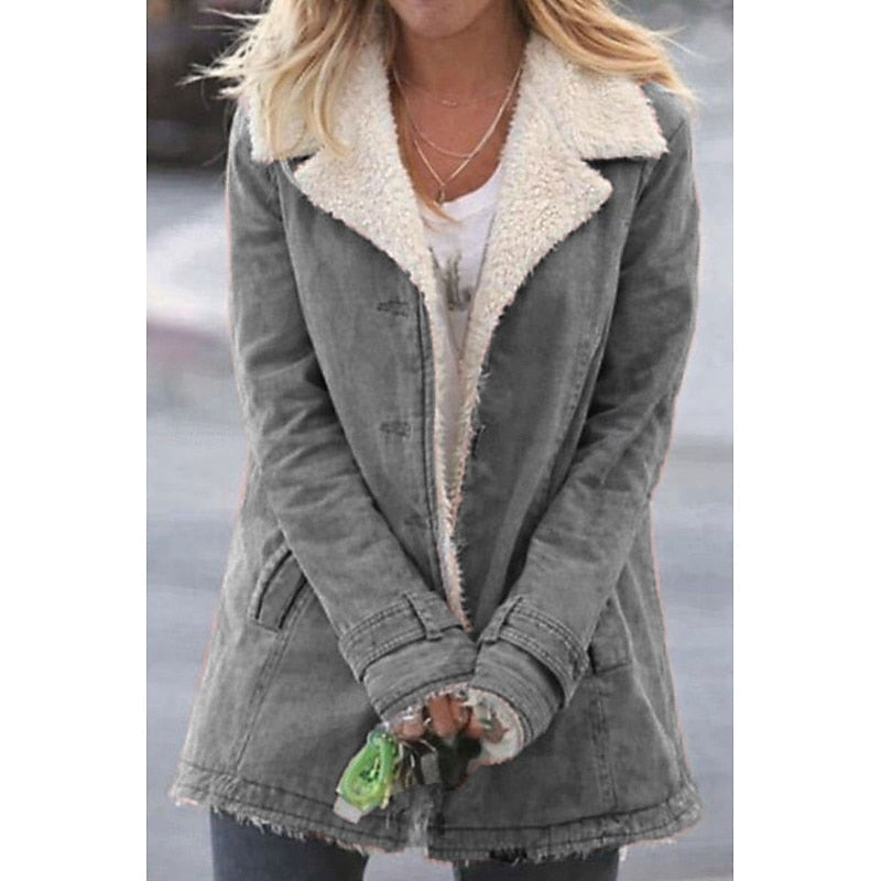 Women's Sherpa-Lined Tailored Coat — Turndown Collar & Front Pockets in Grey