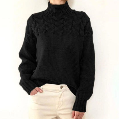 Women's Textured Oversized Turtleneck Sweater with Cable Detailing in Black