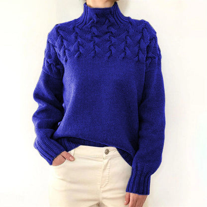 Women's Textured Oversized Turtleneck Sweater with Cable Detailing in Blue