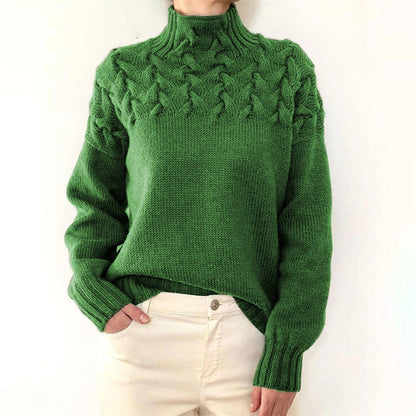 Women's Textured Oversized Turtleneck Sweater with Cable Detailing in Green