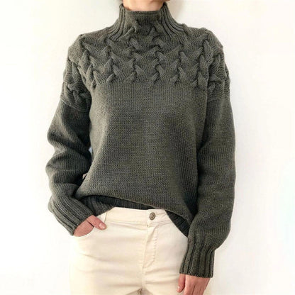 Women's Textured Oversized Turtleneck Sweater with Cable Detailing in Grey