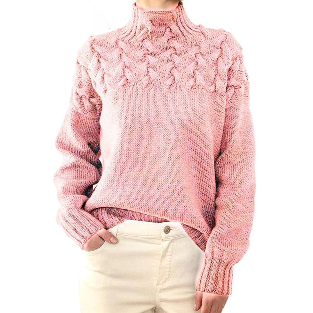Women's Textured Oversized Turtleneck Sweater with Cable Detailing in Pink