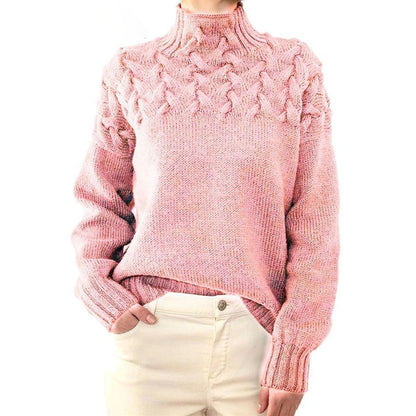 Women's Textured Oversized Turtleneck Sweater with Cable Detailing in Pink