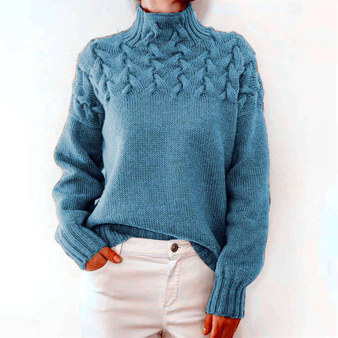 Women's Textured Oversized Turtleneck Sweater with Cable Detailing in Sky Blue