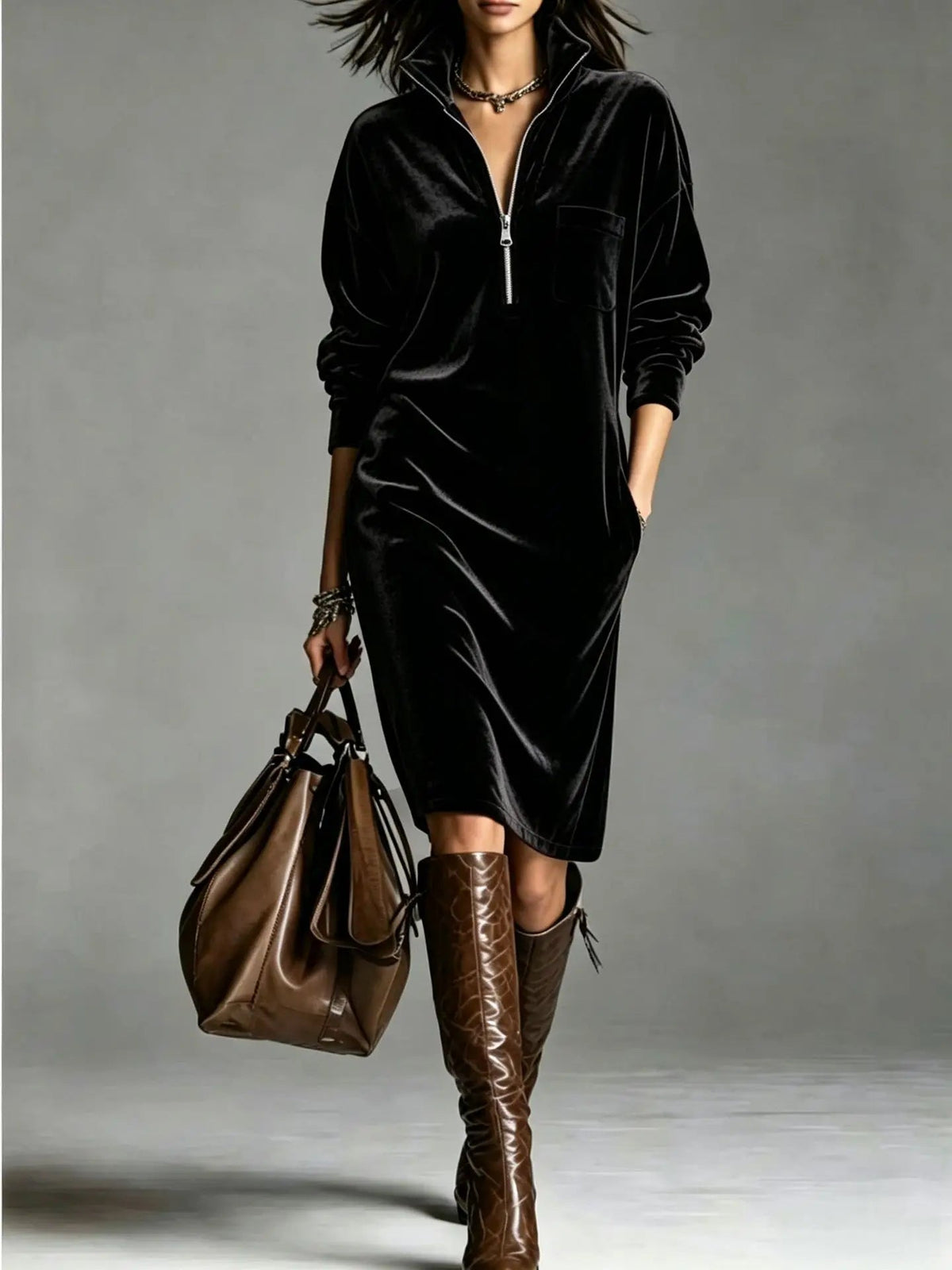 Women's Velvet Half-Zip Midi Dress — Relaxed Fit with Side Pockets in Black