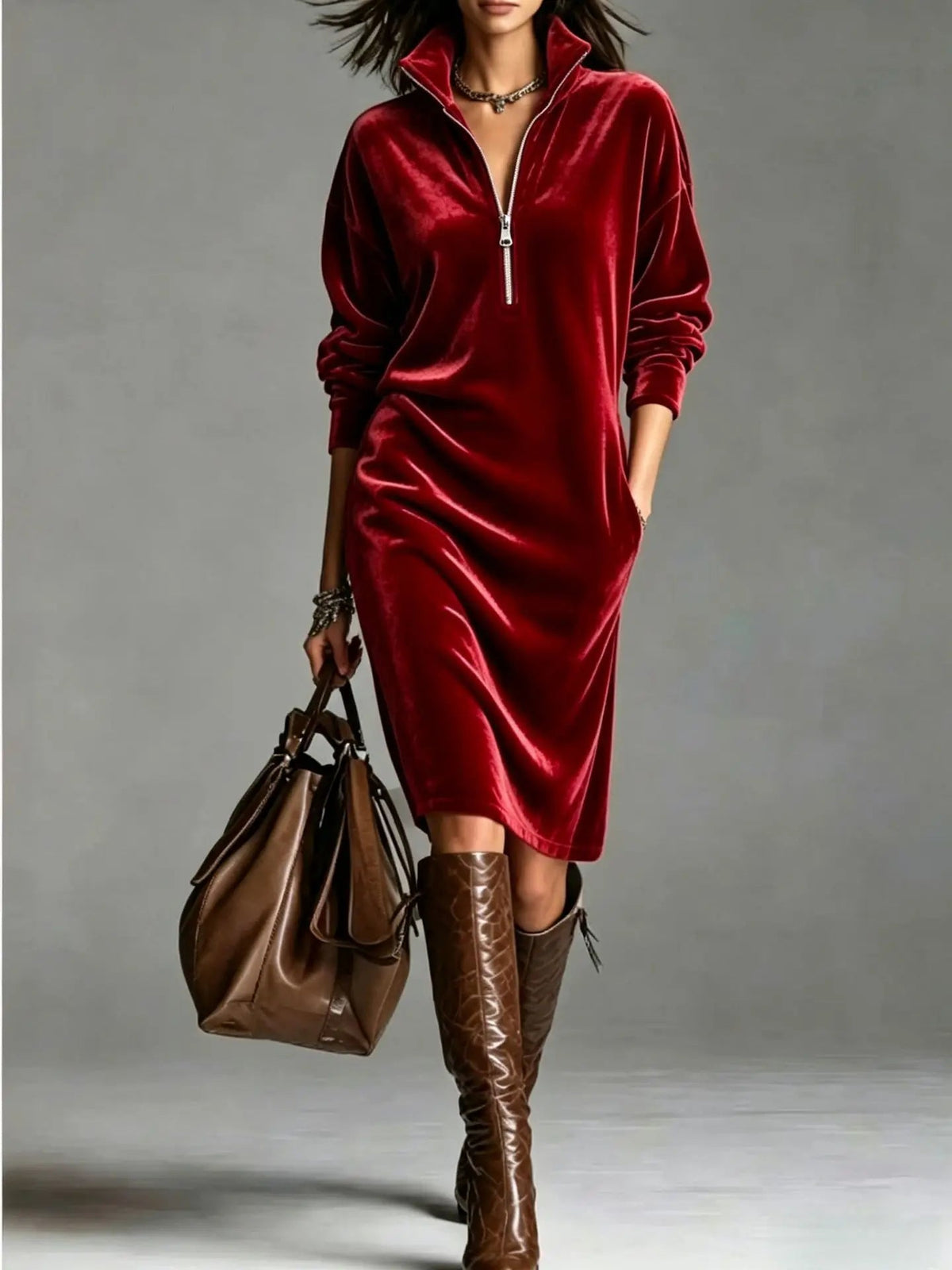 Women's Velvet Half-Zip Midi Dress — Relaxed Fit with Side Pockets in Claret