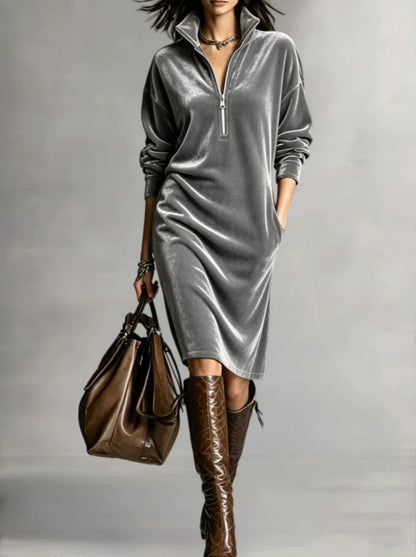 Women's Velvet Half-Zip Midi Dress — Relaxed Fit with Side Pockets in Grey