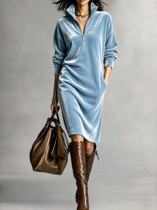 Women's Velvet Half-Zip Midi Dress — Relaxed Fit with Side Pockets in Light Blue