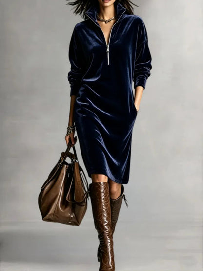 Women's Velvet Half-Zip Midi Dress — Relaxed Fit with Side Pockets in Navy Blue