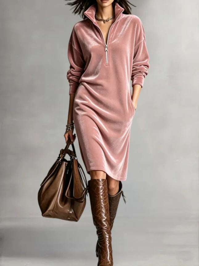 Women's Velvet Half-Zip Midi Dress — Relaxed Fit with Side Pockets in Pink