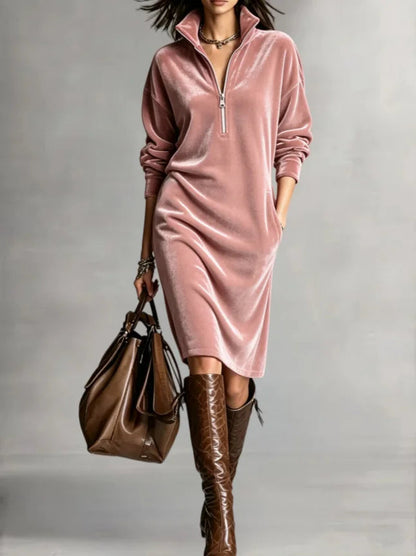 Women's Velvet Half-Zip Midi Dress — Relaxed Fit with Side Pockets in Pink