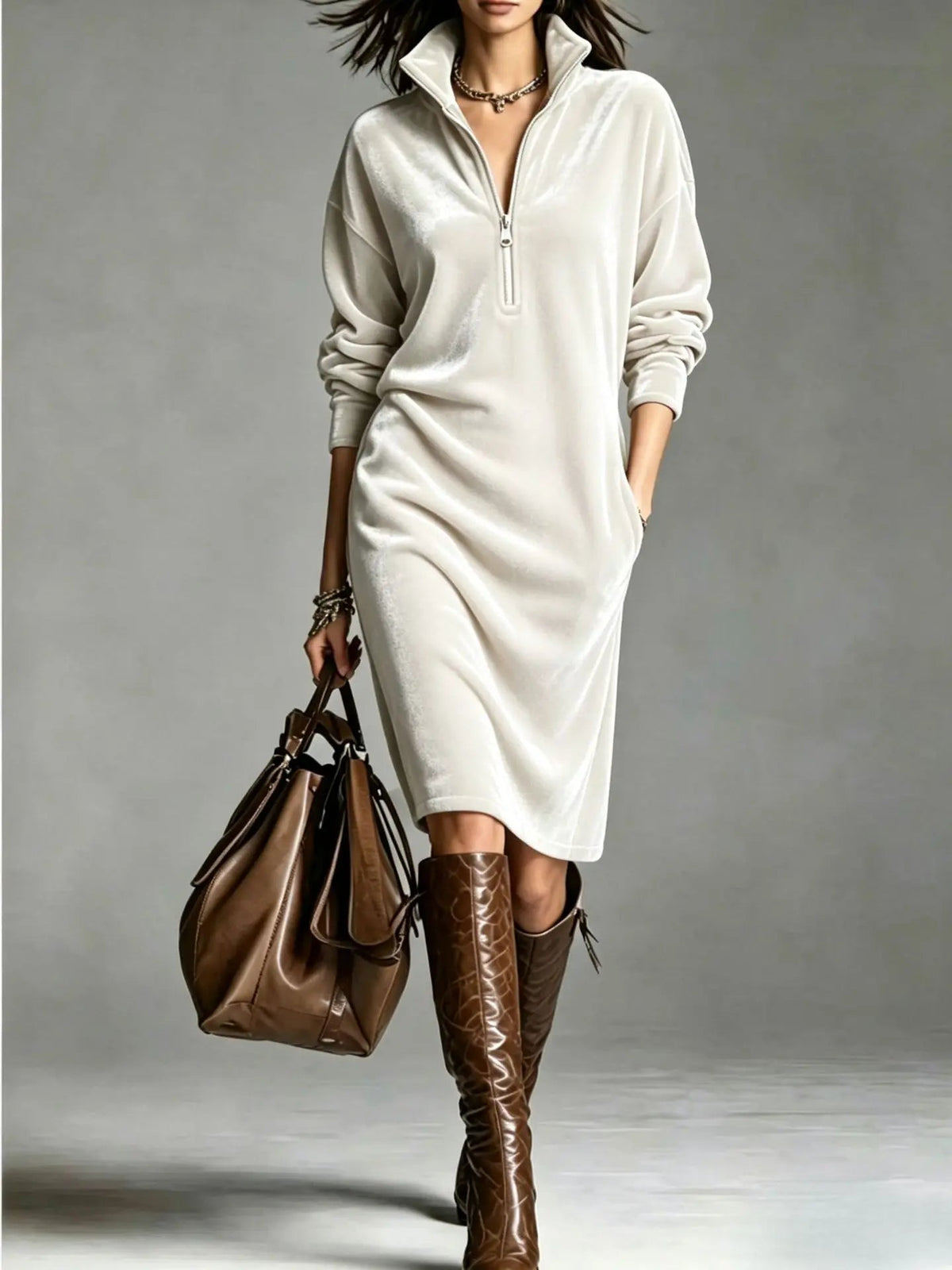 Women's Velvet Half-Zip Midi Dress — Relaxed Fit with Side Pockets in White